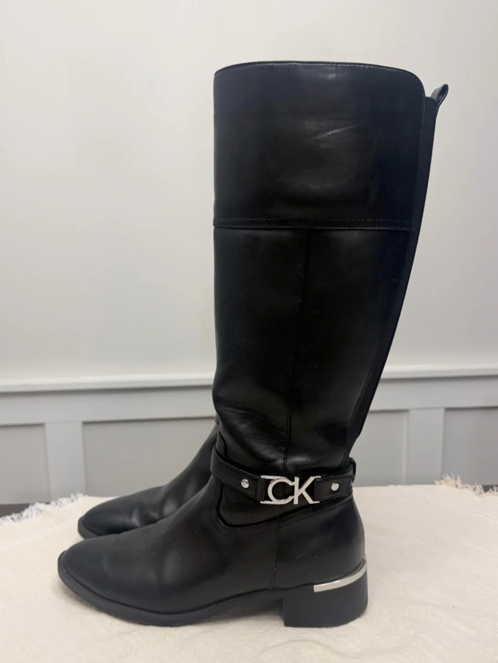 Calvin Klein Knee High Boots • Black Leather • CK Logo Strap • Size 9